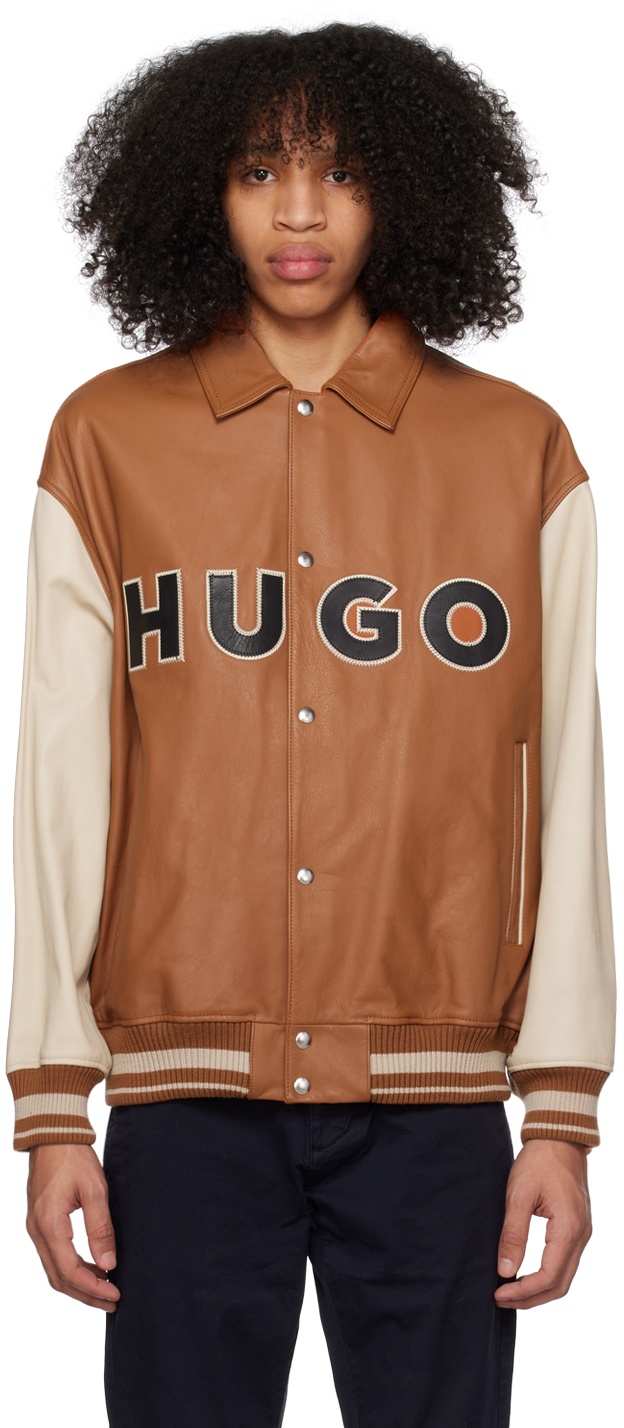 Photo: Hugo Orange & Beige Color-Blocked Varsity Leather Jacket