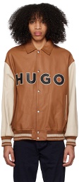 Hugo Orange & Beige Color-Blocked Varsity Leather Jacket