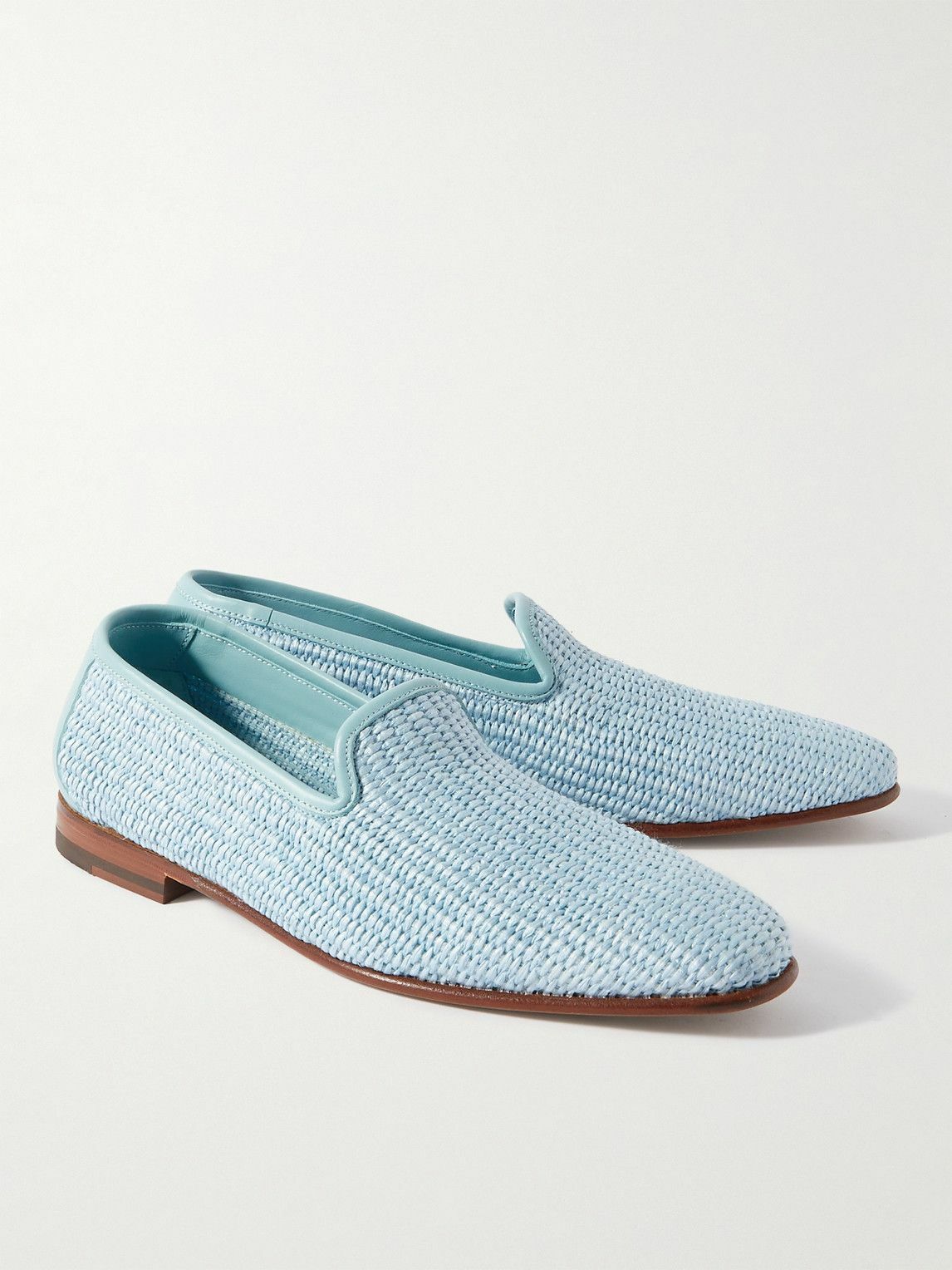 Manolo Blahnik - Mario Leather-Trimmed Raffia Loafers - Blue