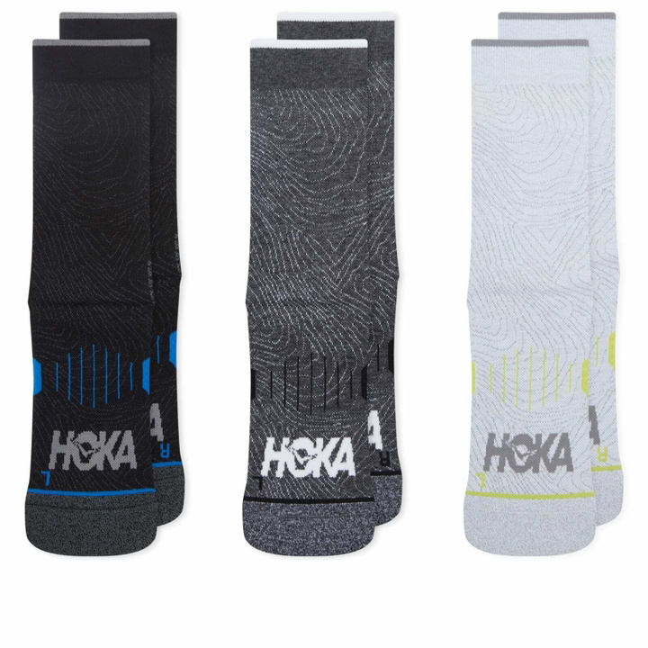 Photo: HOKA ONE ONE U Crew Run Sock 3-Pack in White/Black/Grey