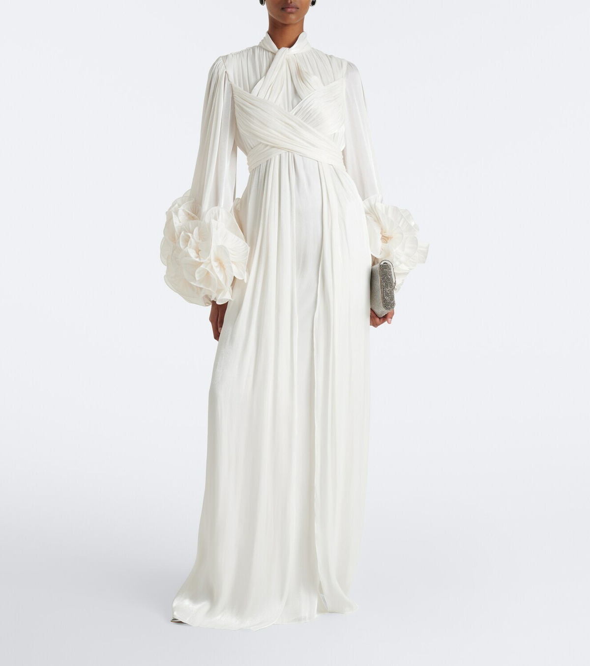 Costarellos Floral-appliqué pleated gown