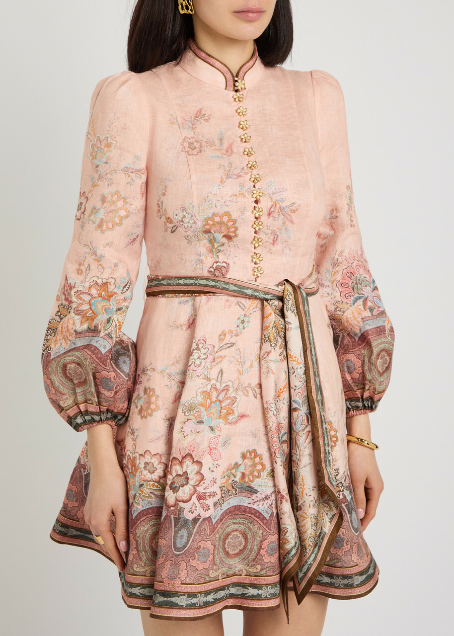 Zimmermann Alchemy Floral-print Belted Linen Mini Dress Pink