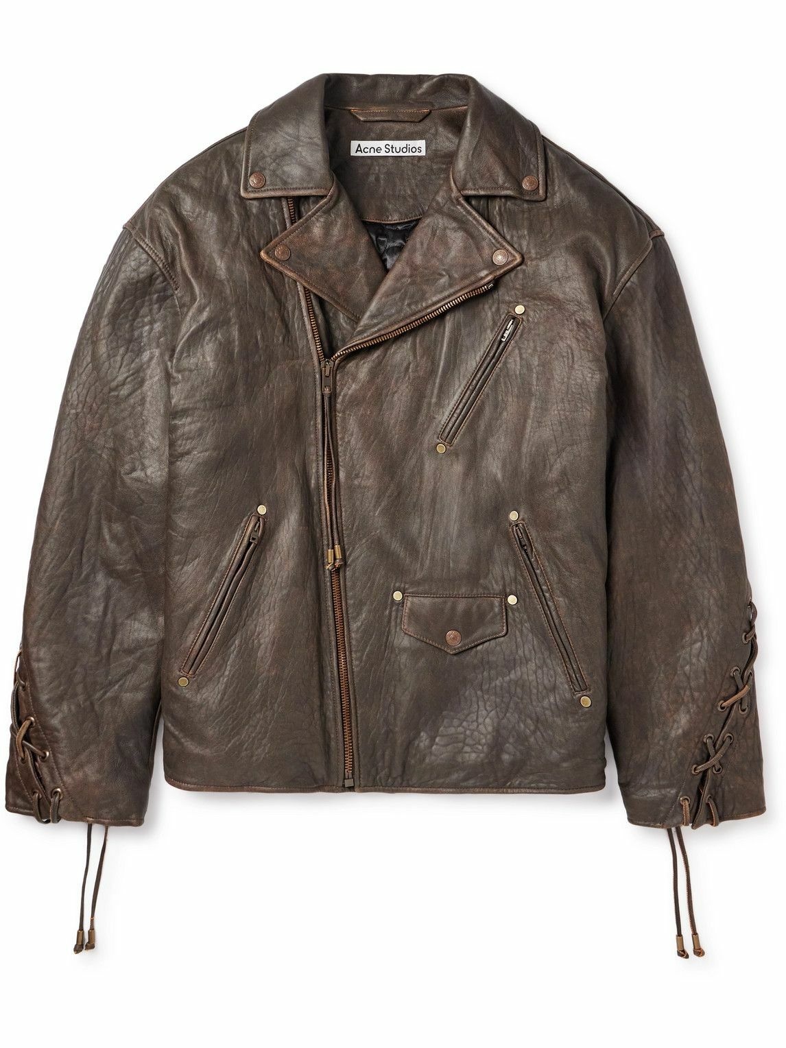 Acne Studios - Braid-Trimmed Textured-Leather Biker Jacket - Brown Acne ...
