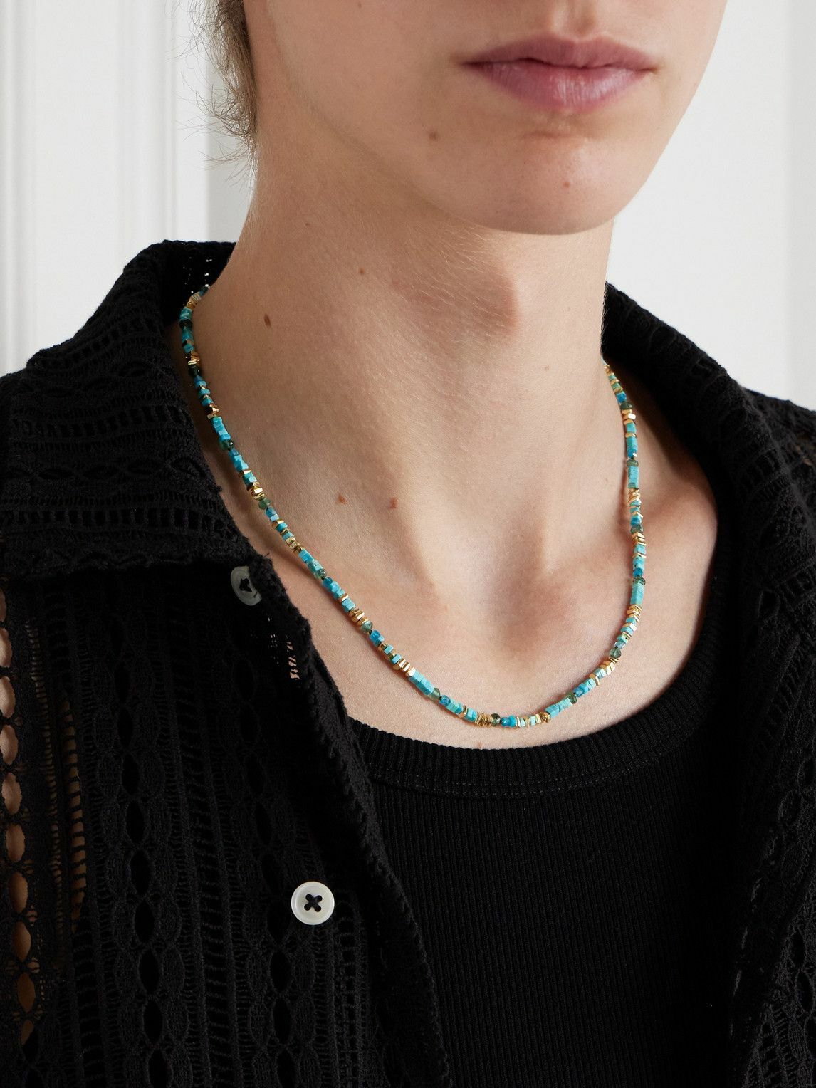 Peyote Bird - Gold-Plated, Turquoise and Apatite Beaded Necklace