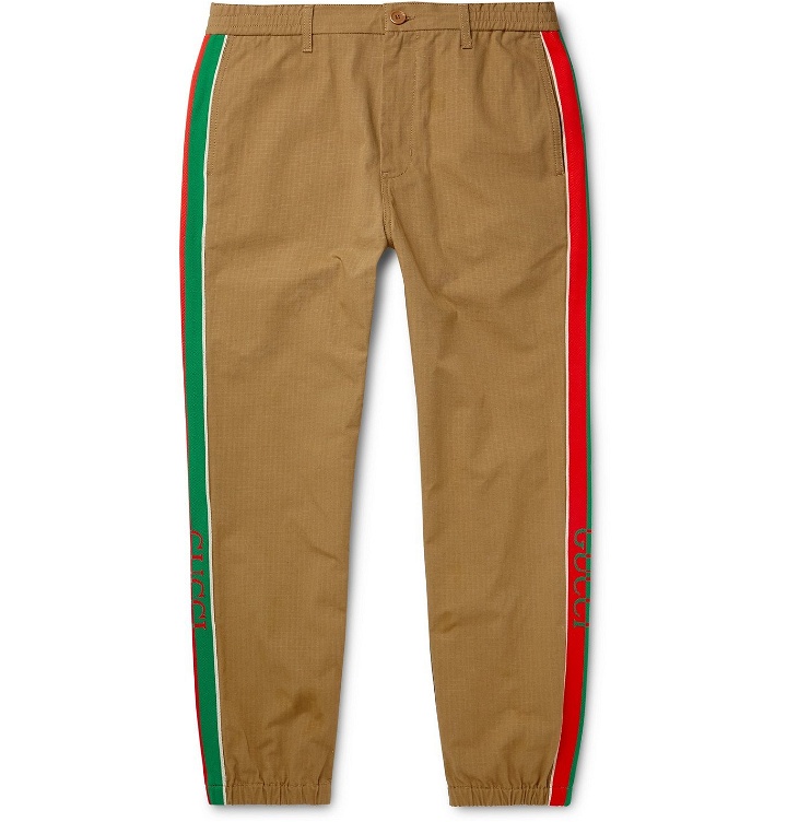 Photo: Gucci - Slim-Fit Tapered Webbing-Trimmed Cotton-Blend Ripstop Trousers - Brown