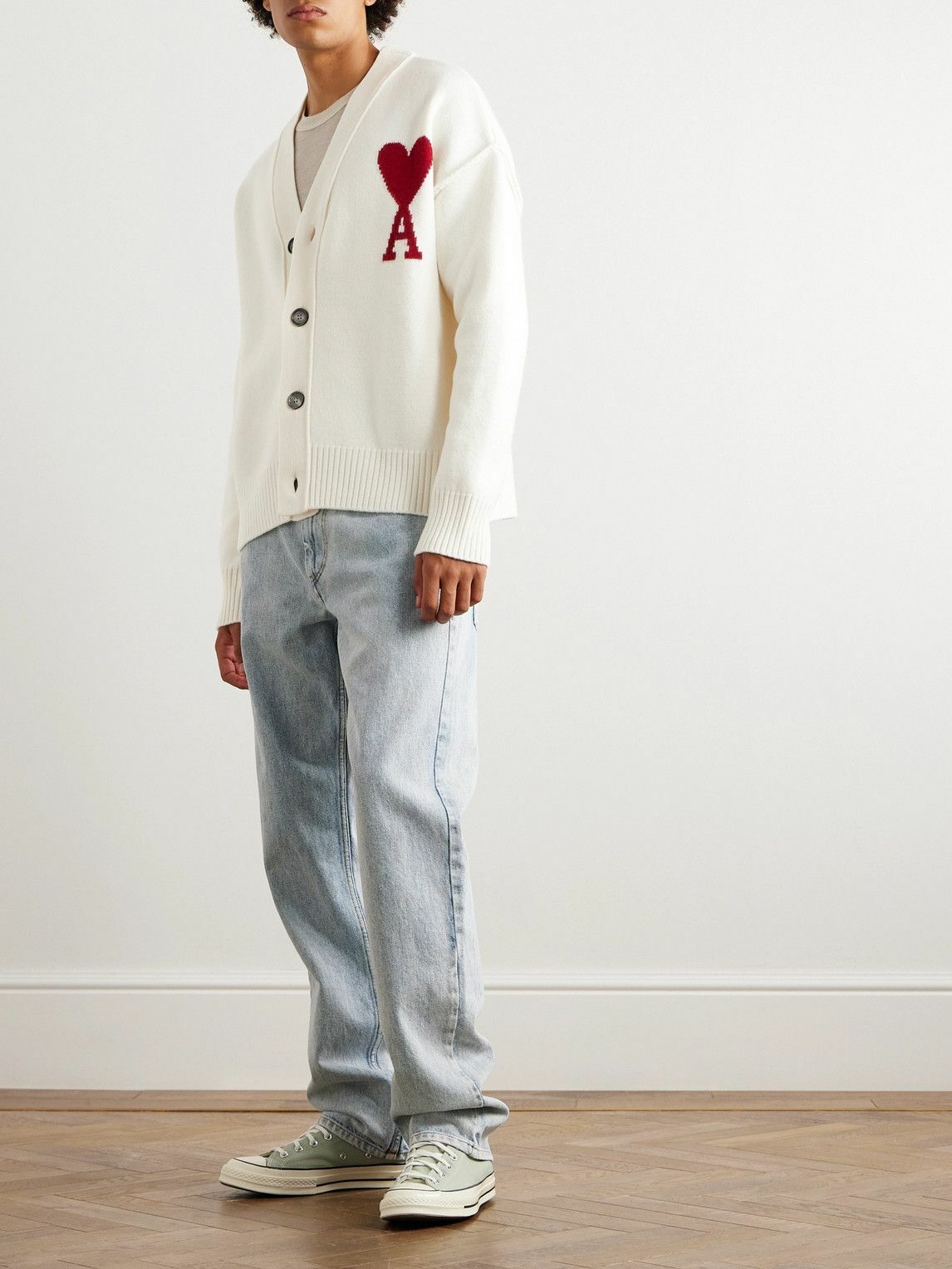 AMI PARIS - Logo-Intarsia Merino Wool Cardigan - Neutrals