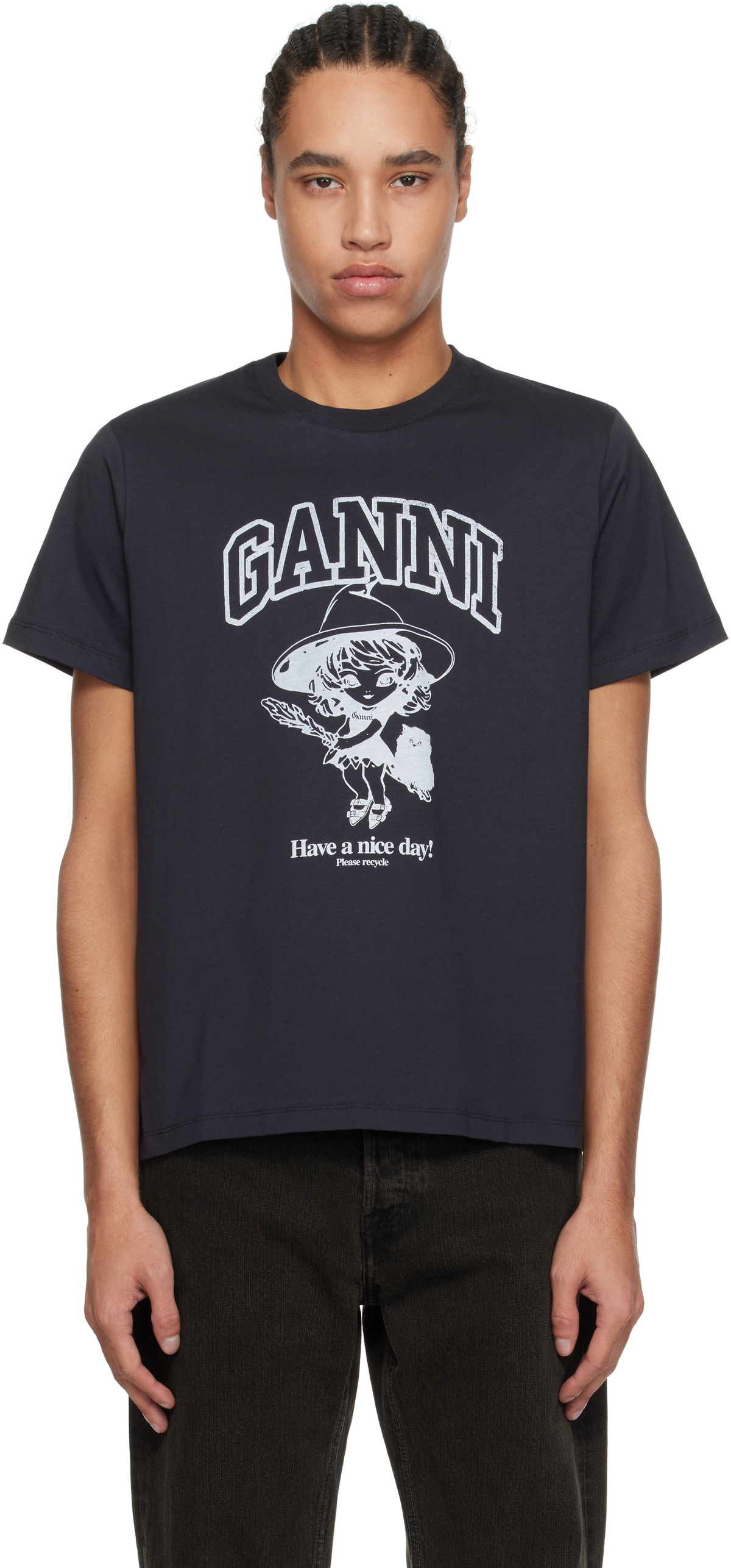 【GANNI】ブラック Basic Cotton Witch リラックス Tシャツ black-basic-cotton-witch-