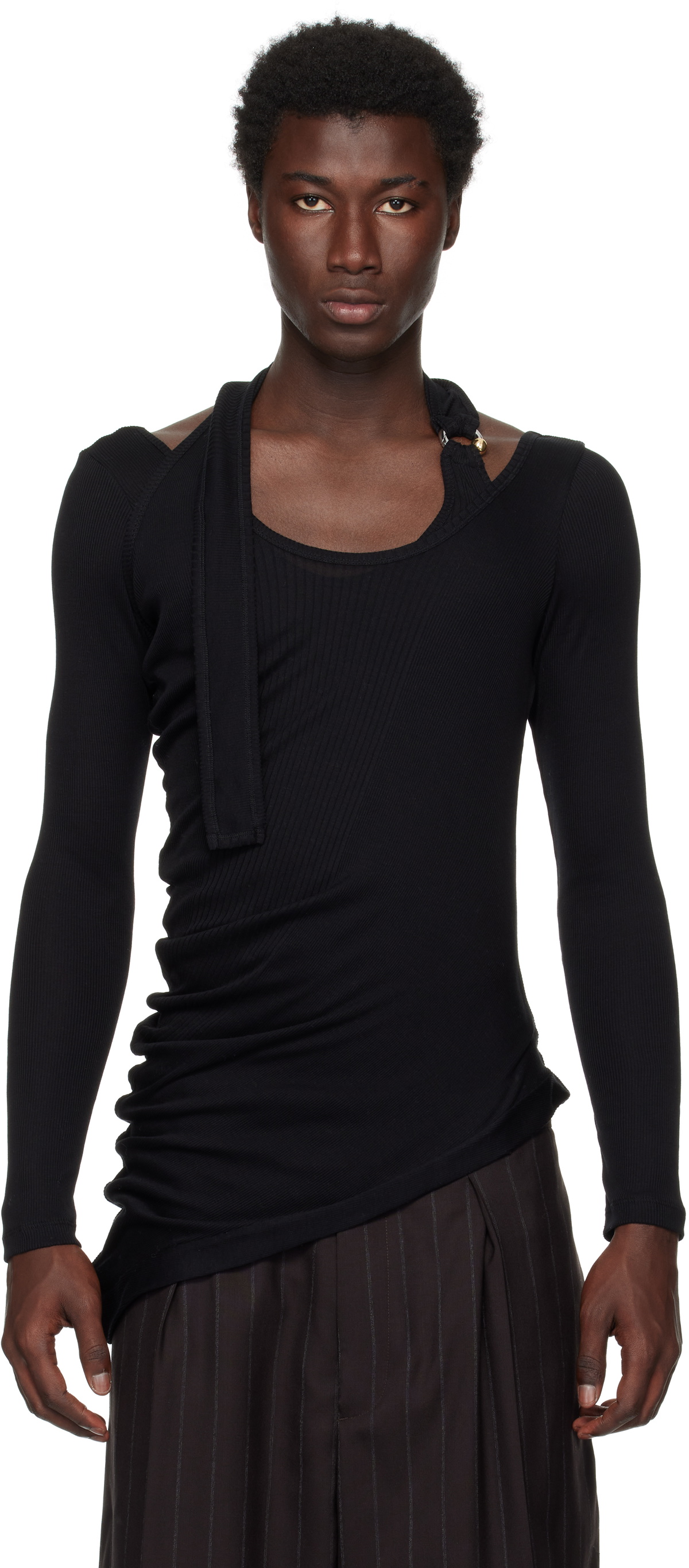 Jean Paul Gaultier Black Ribbed Twisted Double Layer Piercing T