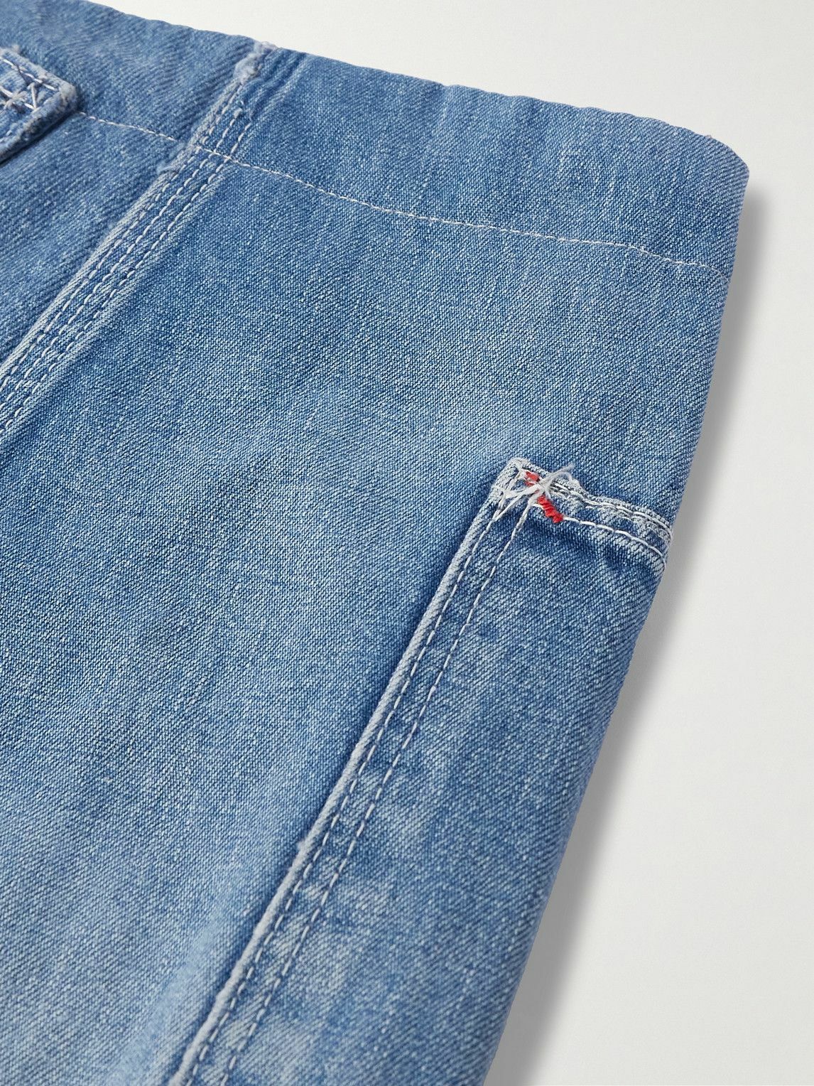 Greg Lauren - Tapered Cropped Frayed Patchwork Drawstring Jeans - Blue