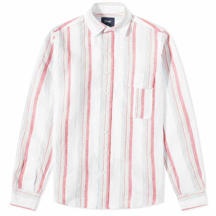 Photo: Drake's Men's Stripe Linen Summer Shirt in Ecru/Red/Blue