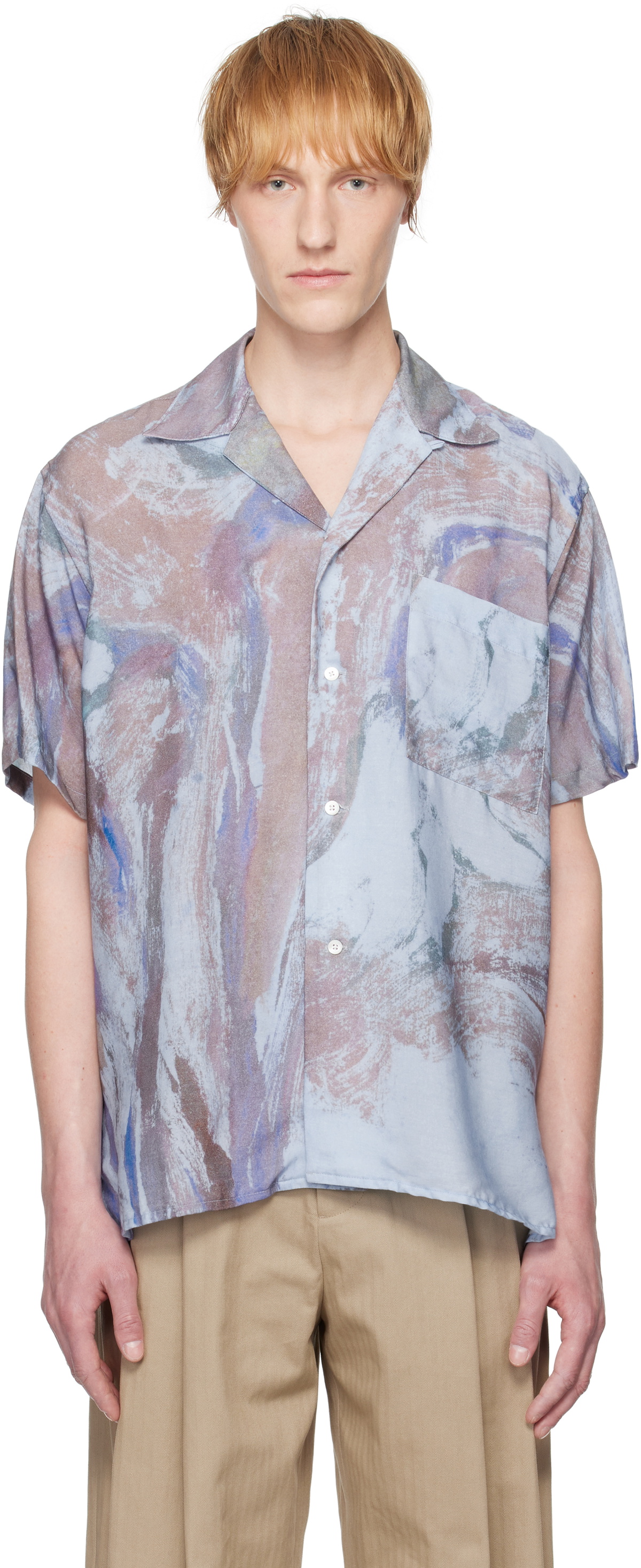 YOKE Blue Flower Printed Open Collar Shirt