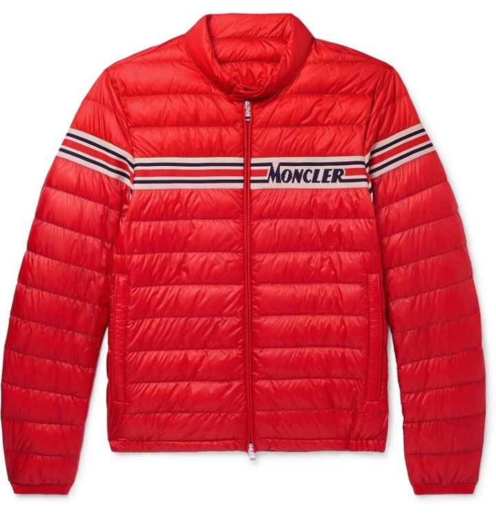 Photo: Moncler - Slim-Fit Striped Jacquard-Trimmed Quilted Shell Down Jacket - Red