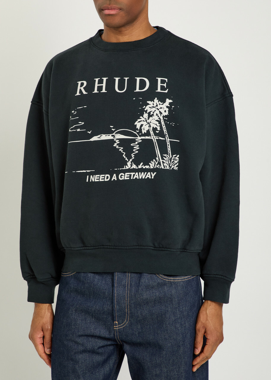 Rhude I Need A Getaway Printed Cotton Sweatshirt Black And White