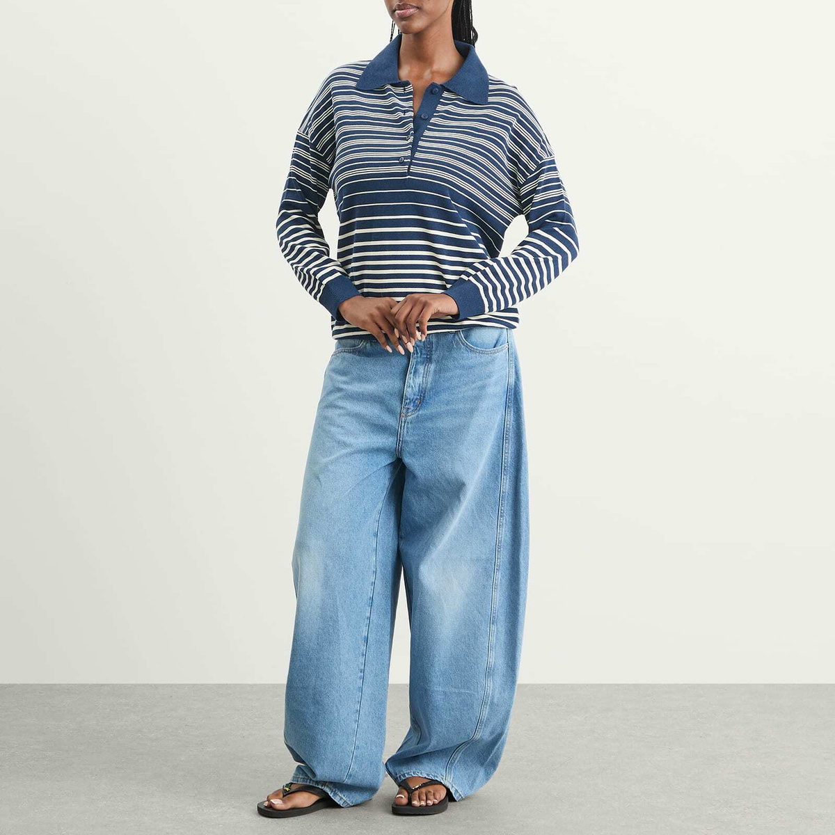Faithfull The Brand Women's Harlow Oversized Polo Top in Scandi Stripe Navy Cream