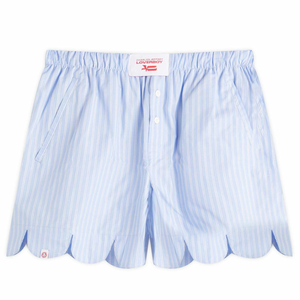 Charles Jeffrey Loverboy Women's Scalloped Boxer Shorts in Blue Stripe Shirting