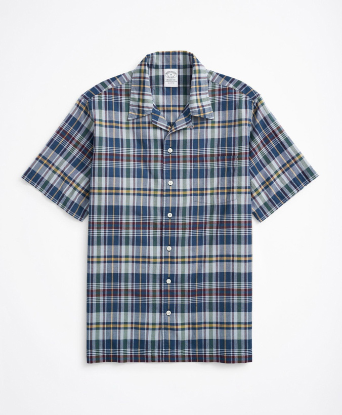 Photo: Brooks Brothers Men's Regent Regular-Fit Sport Shirt, Camp Collar Short-Sleeve Madras | Navy