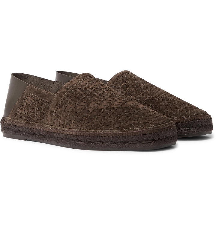 Photo: TOM FORD - Barnes Leather-Trimmed Woven Suede Espadrilles - Brown