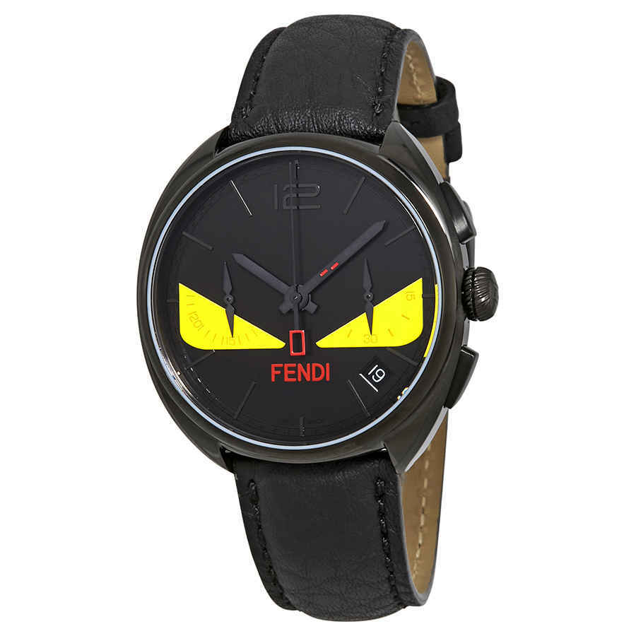 Fendi Momento Black with Yellow Bug Eyes Dial Chronograph Mens