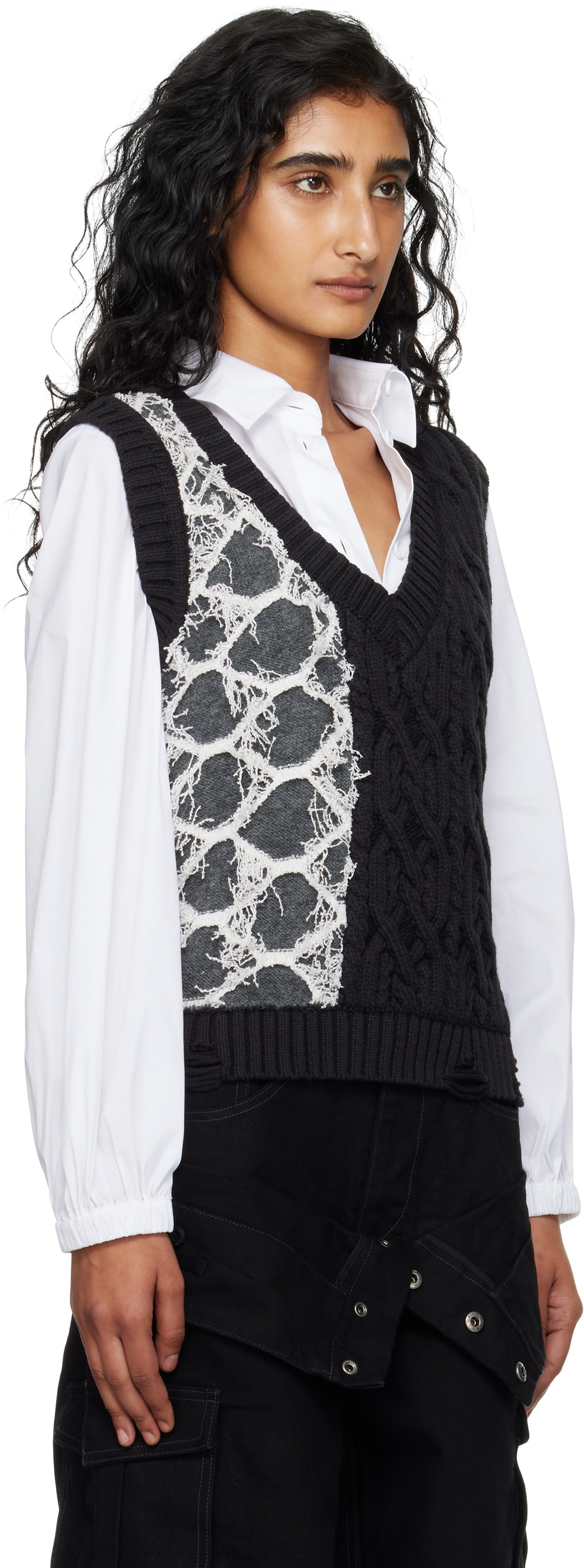 Andersson Bell Black & Gray Boucle Cable Patchwork Knit Vest