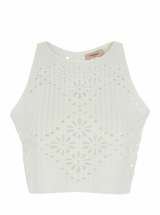 Photo: TwinSet White Sleeveless Crochet Cropped Top With Logo Plaque On The Rear In Cotton Woman