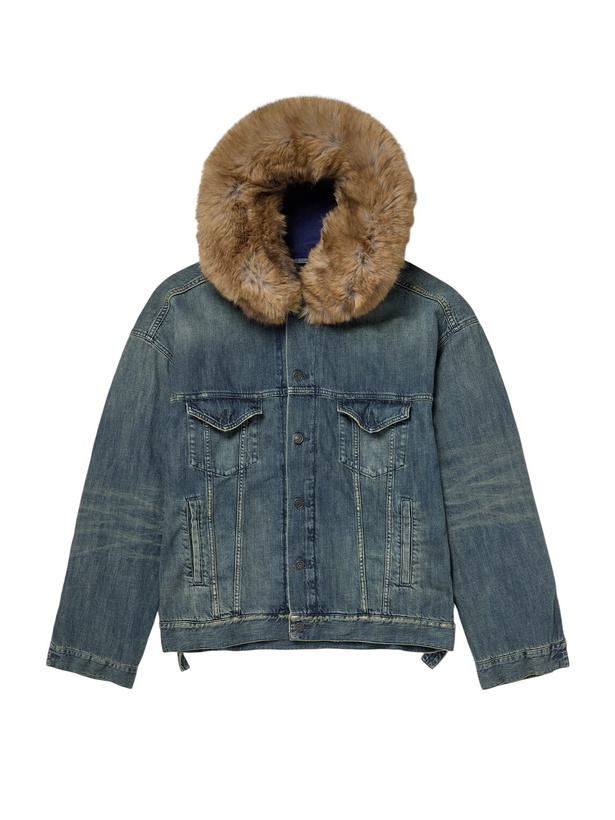 Photo: Balenciaga - Plush-Trimmed Hooded Denim Jacket - Blue