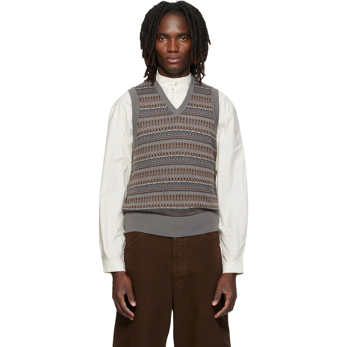 LEMAIRE Gray V-Neck Jacquard Sweater Vest