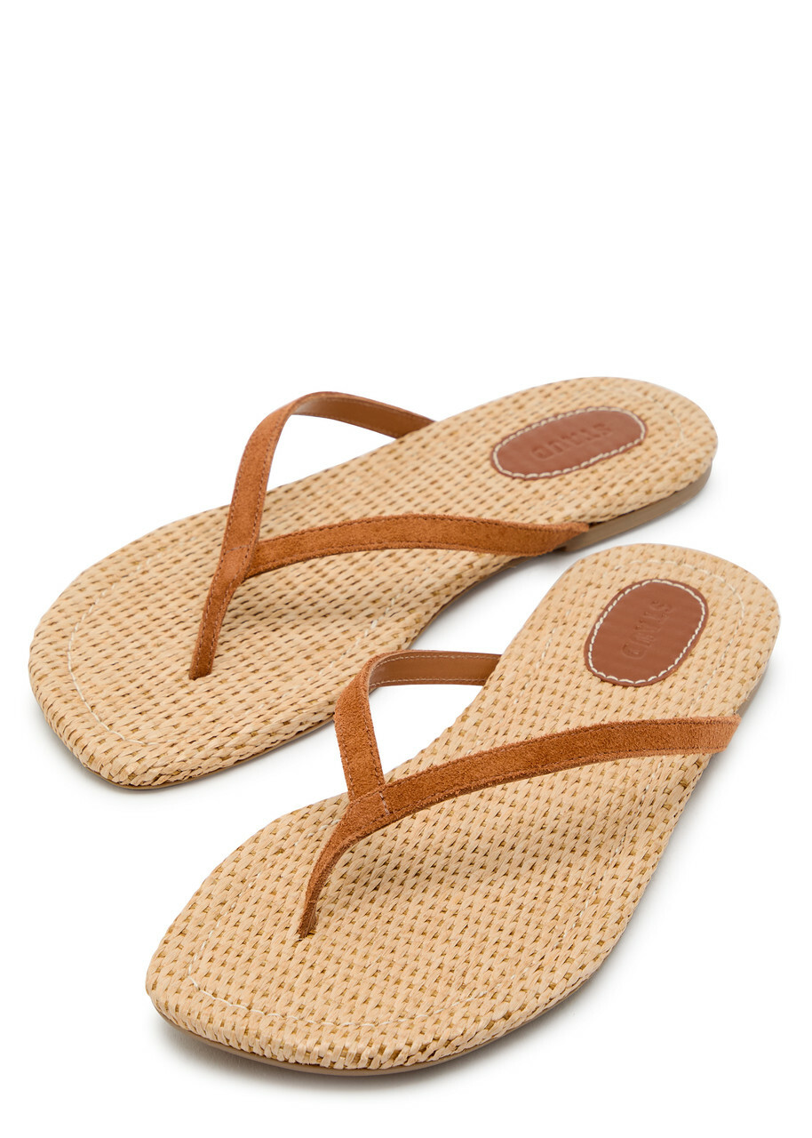 Staud Freja Thong Raffia and Suede Sandals Brown