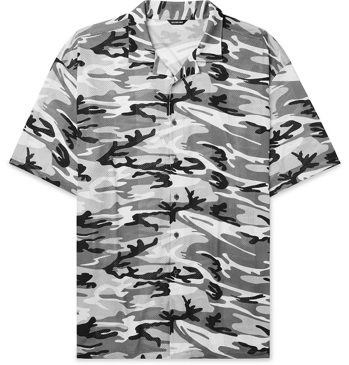 Photo: BALENCIAGA - Oversized Camp-Collar Camouflage-Print Perforated Stretch-Jersey Shirt - Multi