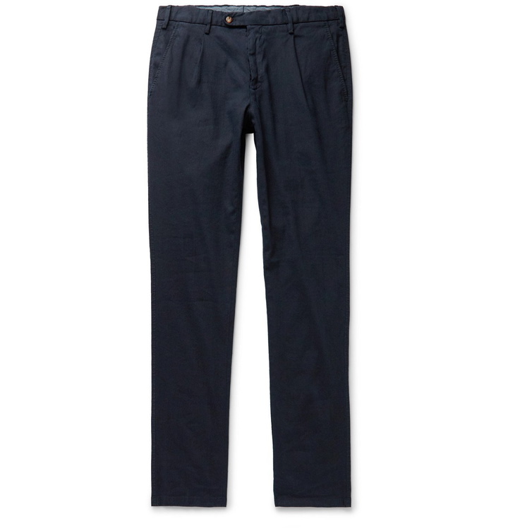 Photo: THOM SWEENEY - Tapered Pleated Linen-Blend Trousers - Blue