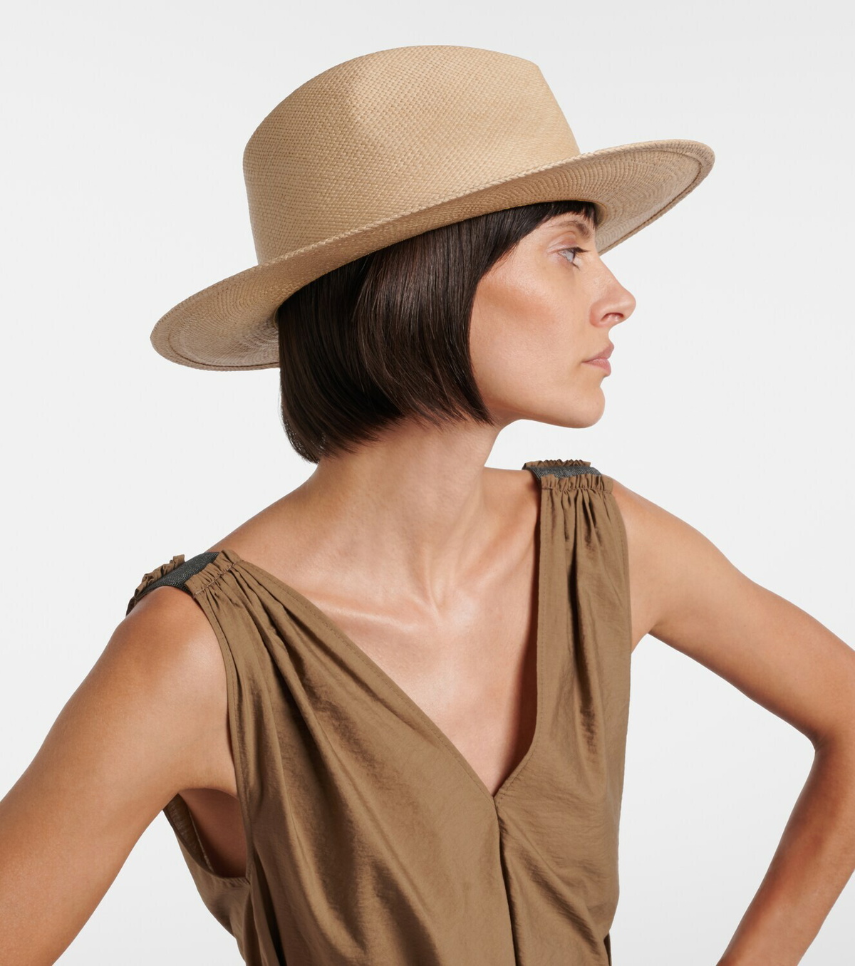 Brunello Cucinelli Monili leather-trimmed straw fedora hat