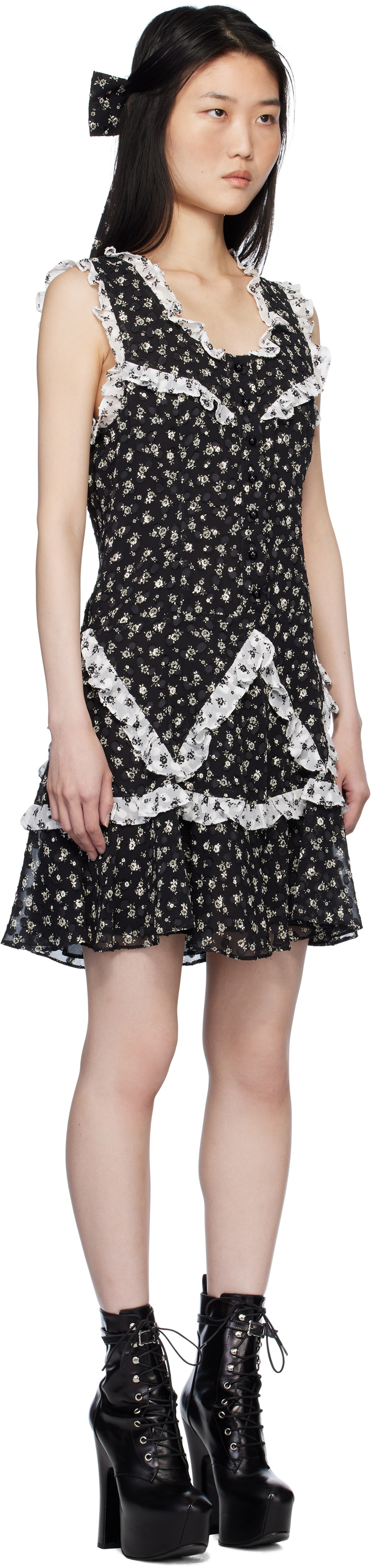 Anna Sui Black Ditsy Dot Chiffon Ruffle Minidress