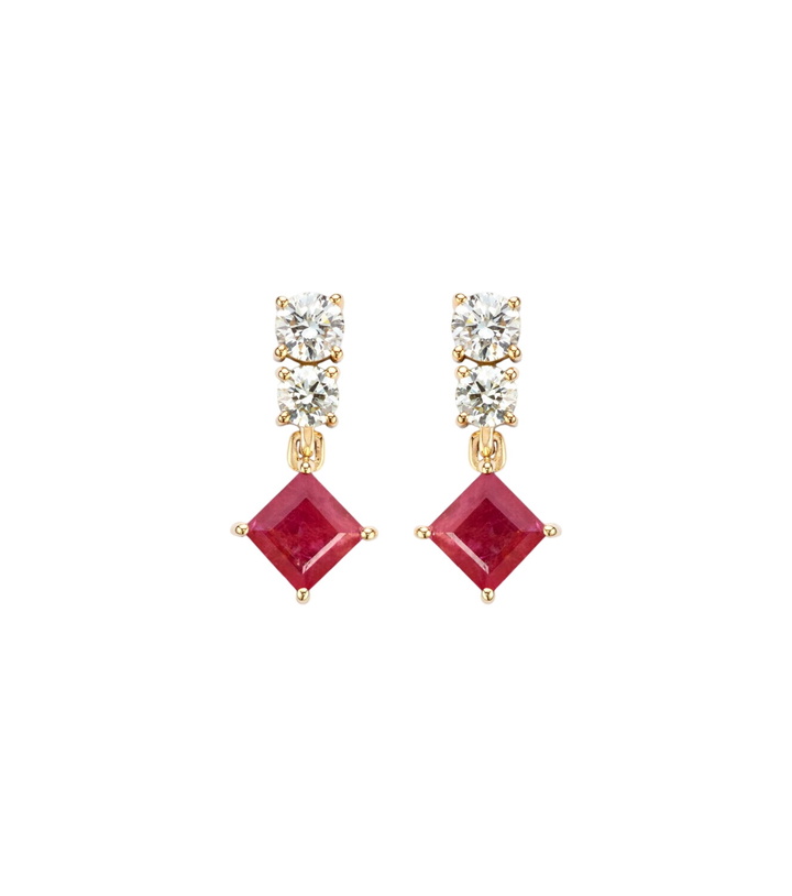Photo: Stone and Strand 14kt gold (585/1000) earrings with diamonds, pink sapphire, and ruby