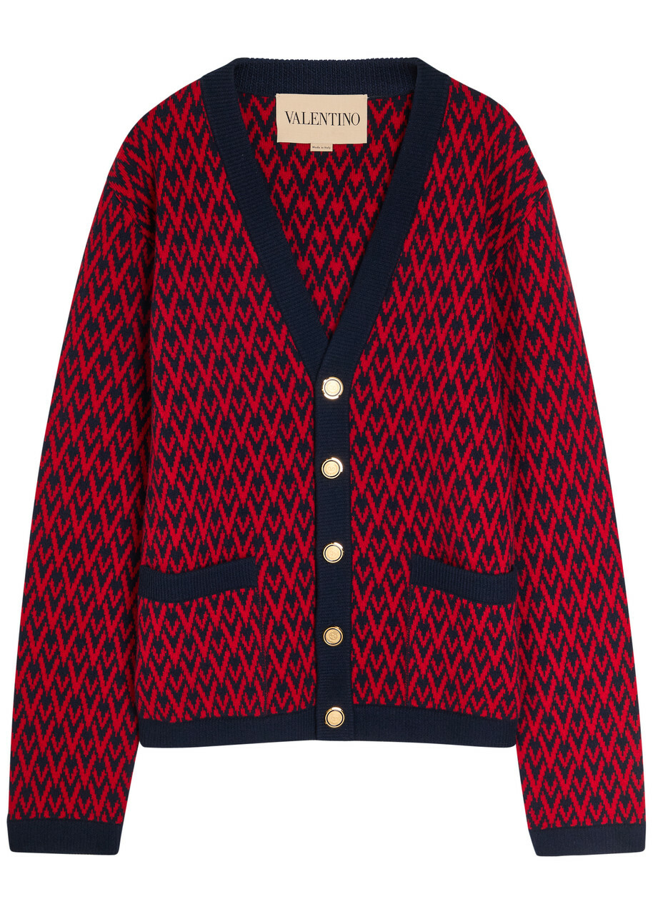 Valentino Garavani Patterned-intarsia Wool Cardigan Red Valentino