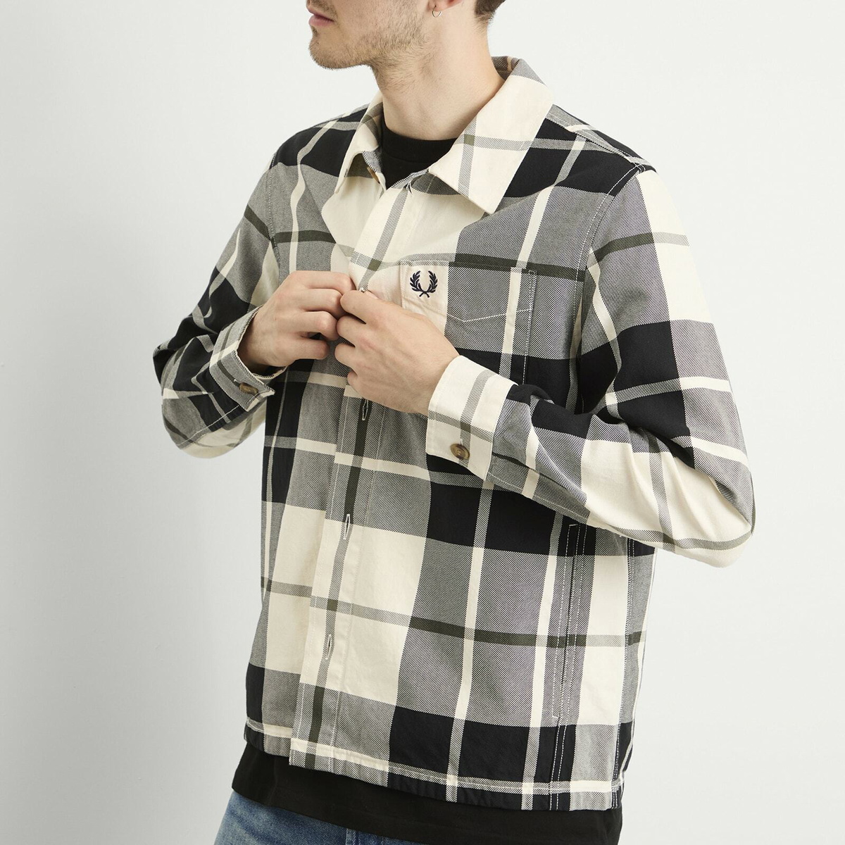 Fred Perry Men's Tartan Twill Overshirt in Ecru