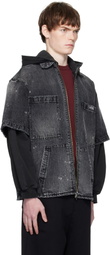 We11done Black Faded Layered Hoodie Denim Jacket