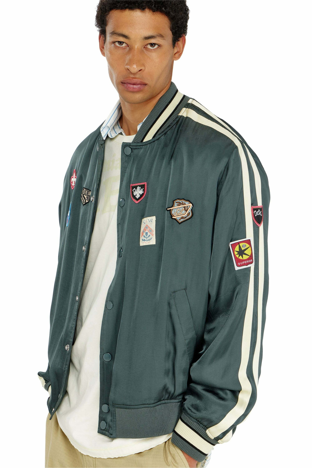 Diesel Satin bomber jacket with patches - Jackets Mens in Green