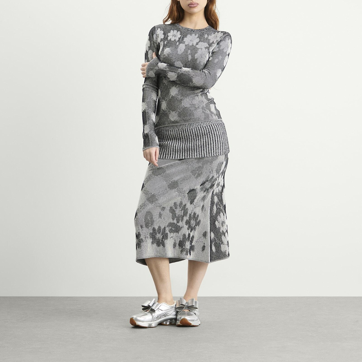 Paolina Russo Women's Illusion Knit Fitted Long Sleeve Top in Black/White