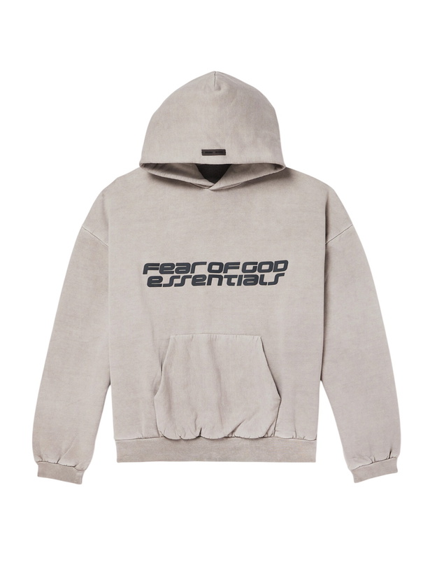 Photo: FEAR OF GOD ESSENTIALS - 90s Logo-Print Cotton-Jersey Hoodie - Gray
