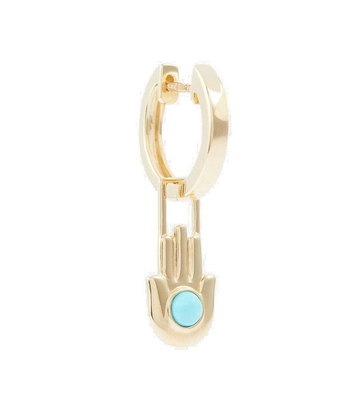 Photo: Robinson Pelham Orb Midi 14kt gold single hoop earring and Hamsa Hand Earwish with turquoise