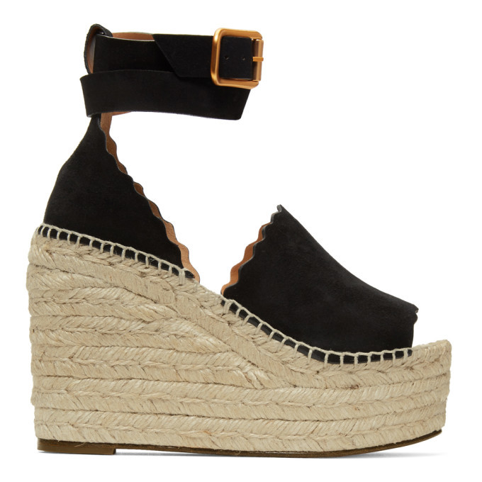 Chloe Black Suede Lauren Wedge Sandals Chloe