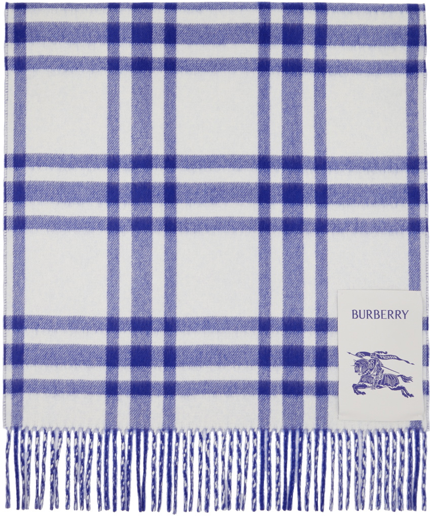 Burberry White & Blue Reversible Check Cashmere Scarf Burberry
