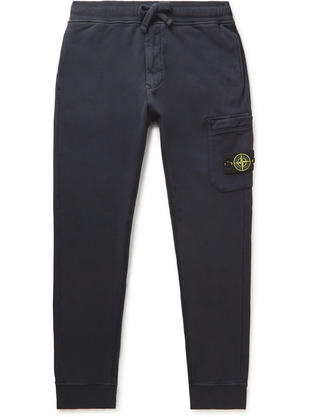 Photo: Stone Island - Slim-Fit Tapered Logo-Appliquéd Cotton-Jersey Cargo Sweatpants - Blue