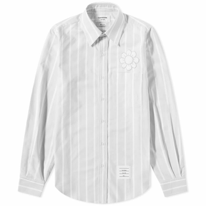 Photo: Thom Browne Men's Floral Applique Striped Button Down Oxford Shirt in Grey