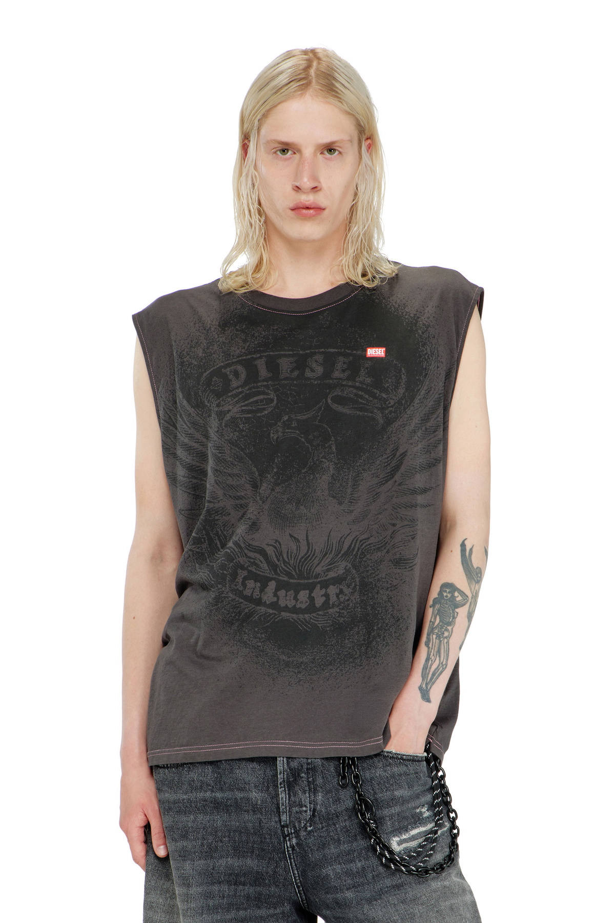Diesel Sleeveless top in cotton with tonal graphic - T-Shirts Mens in Grey