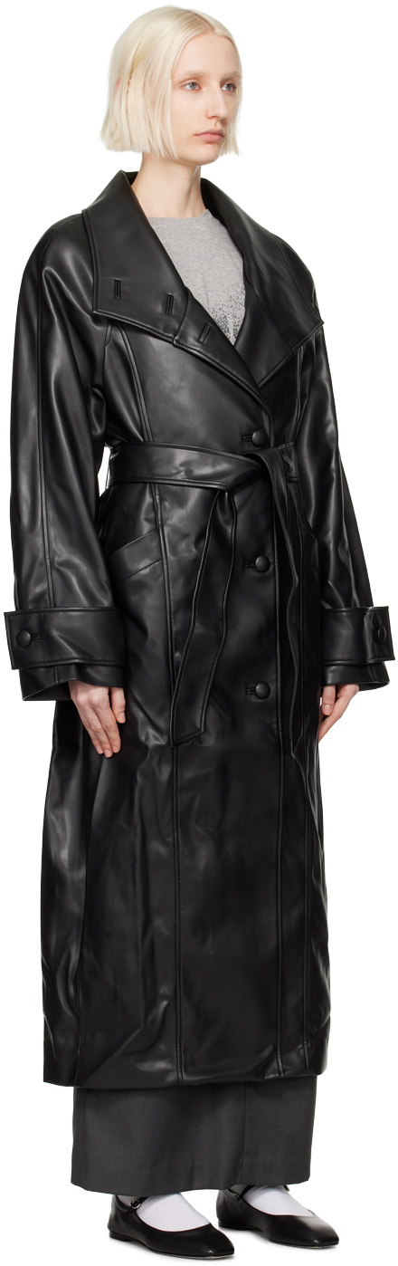 コート [OPEN YY] FAUX LEATHER HIGH-NECK COLLAR COAT : BLACK OPEN YY Black High Neck Collar Faux-Leather Trench Coat OPEN YY