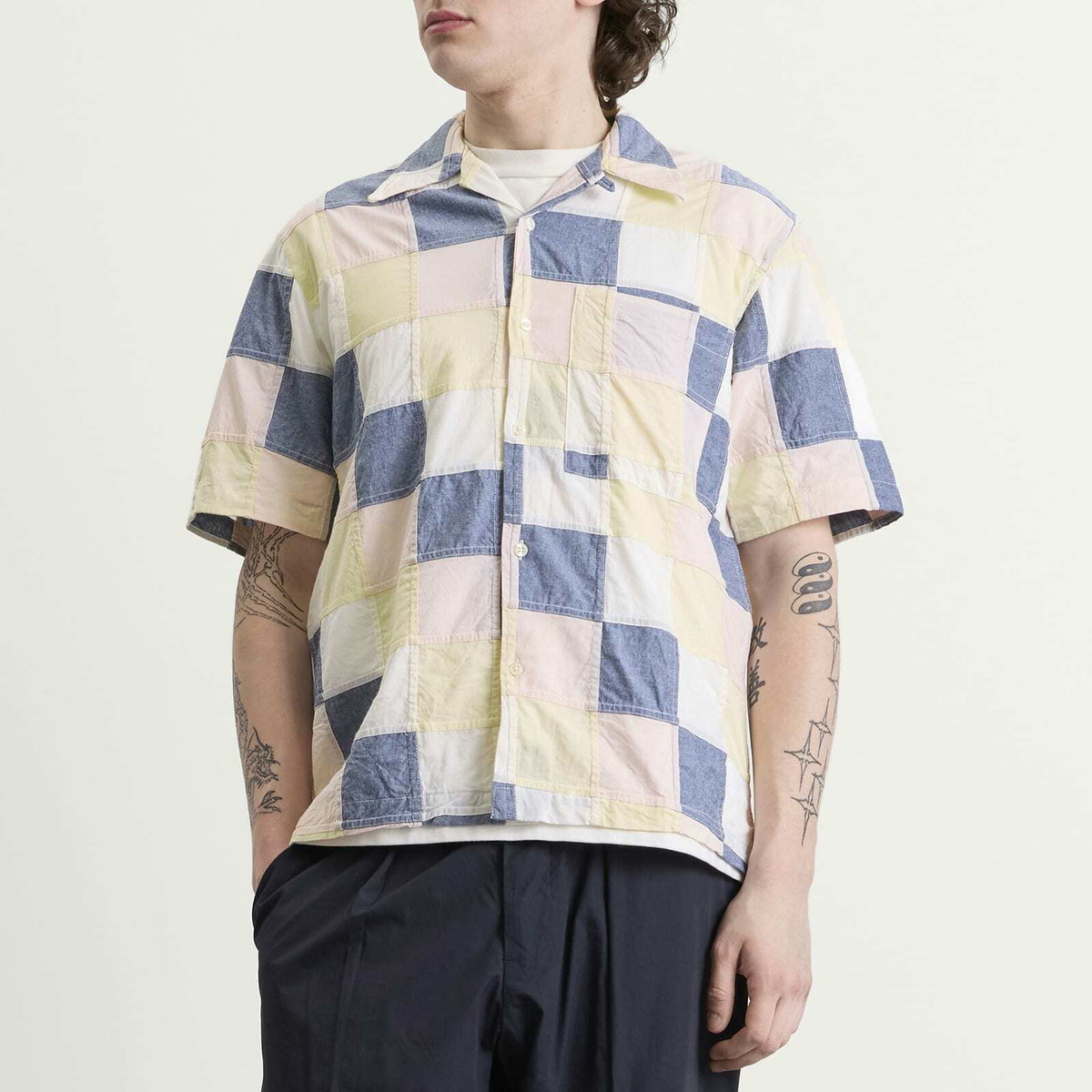Universal Works Men's Patchwork Check Road Shirt in Pastel Check