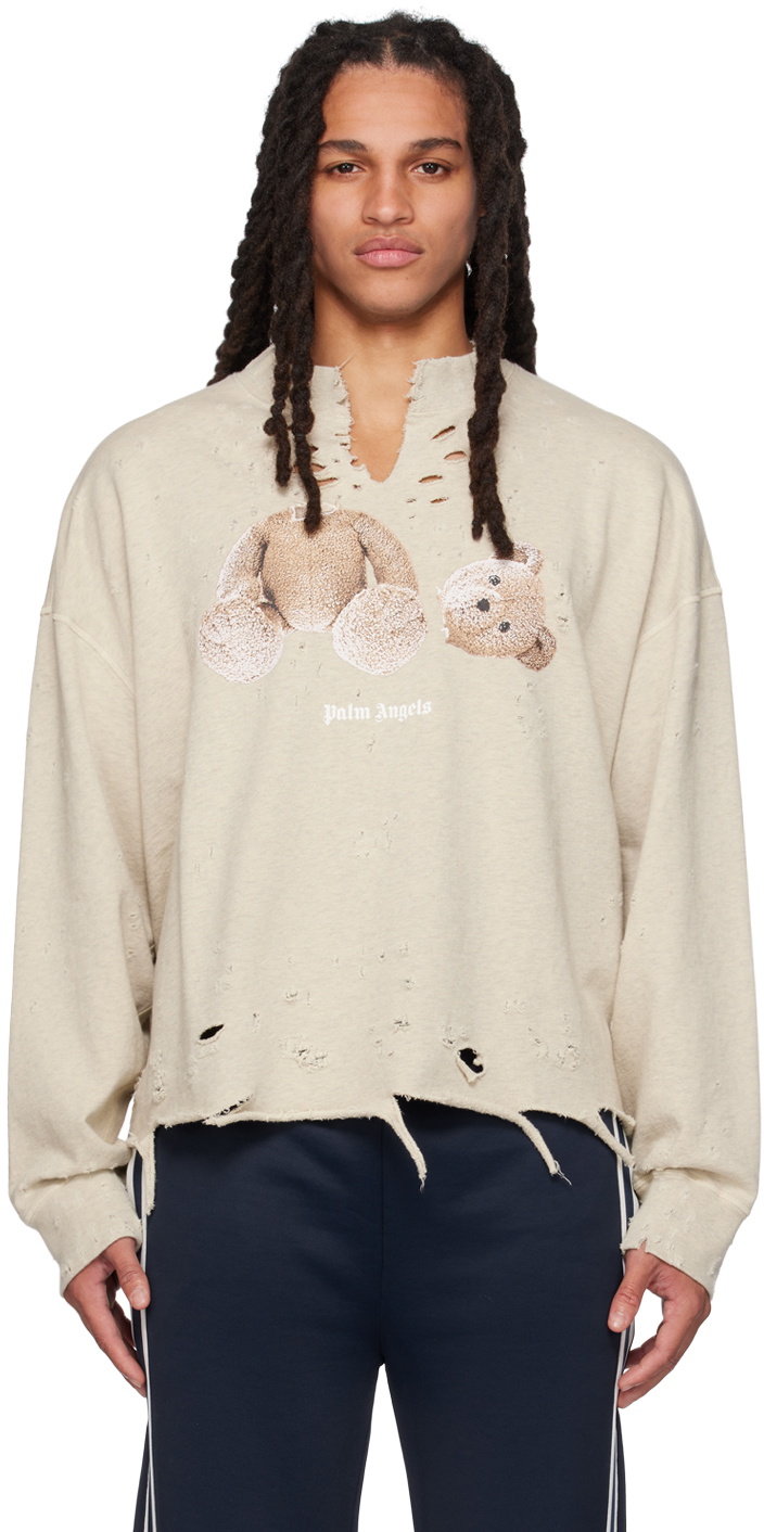 Palm Angels Beige Distressed Sweatshirt Palm Angels