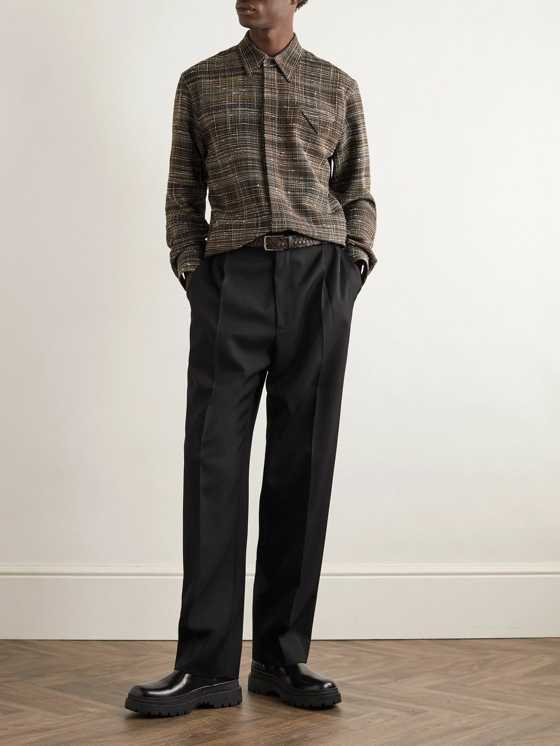 BOTTEGA VENETA ラガーシャツ ブラック/ホワイト/ブラウン S Bottega Veneta - Tweed Shirt - Brown Bottega Veneta