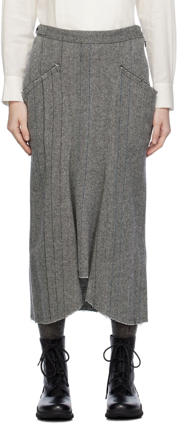 Y's Gray Herringbone Midi Skirt