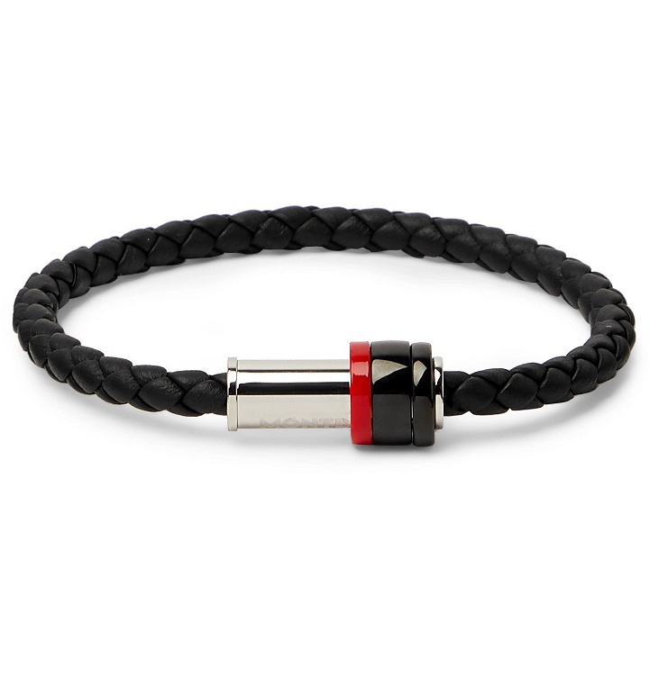 Photo: Montblanc - Braided Leather, Stainless Steel, PVD and Garnet Bracelet - Black